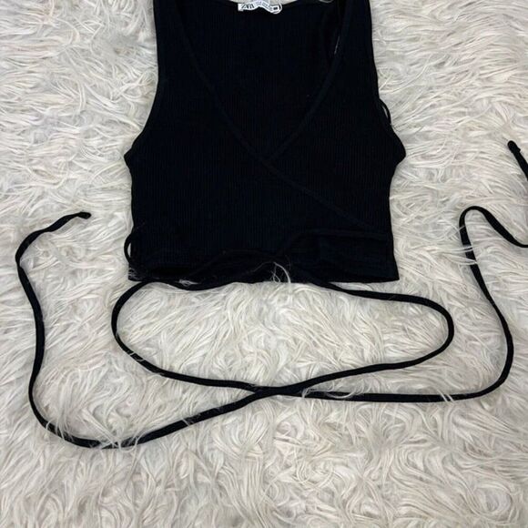 Zara Women’s NWT Black Ribbed V-Neck Crop Top Long Tie Up Shirt Sleeveless S/M - Picture 8 of 10